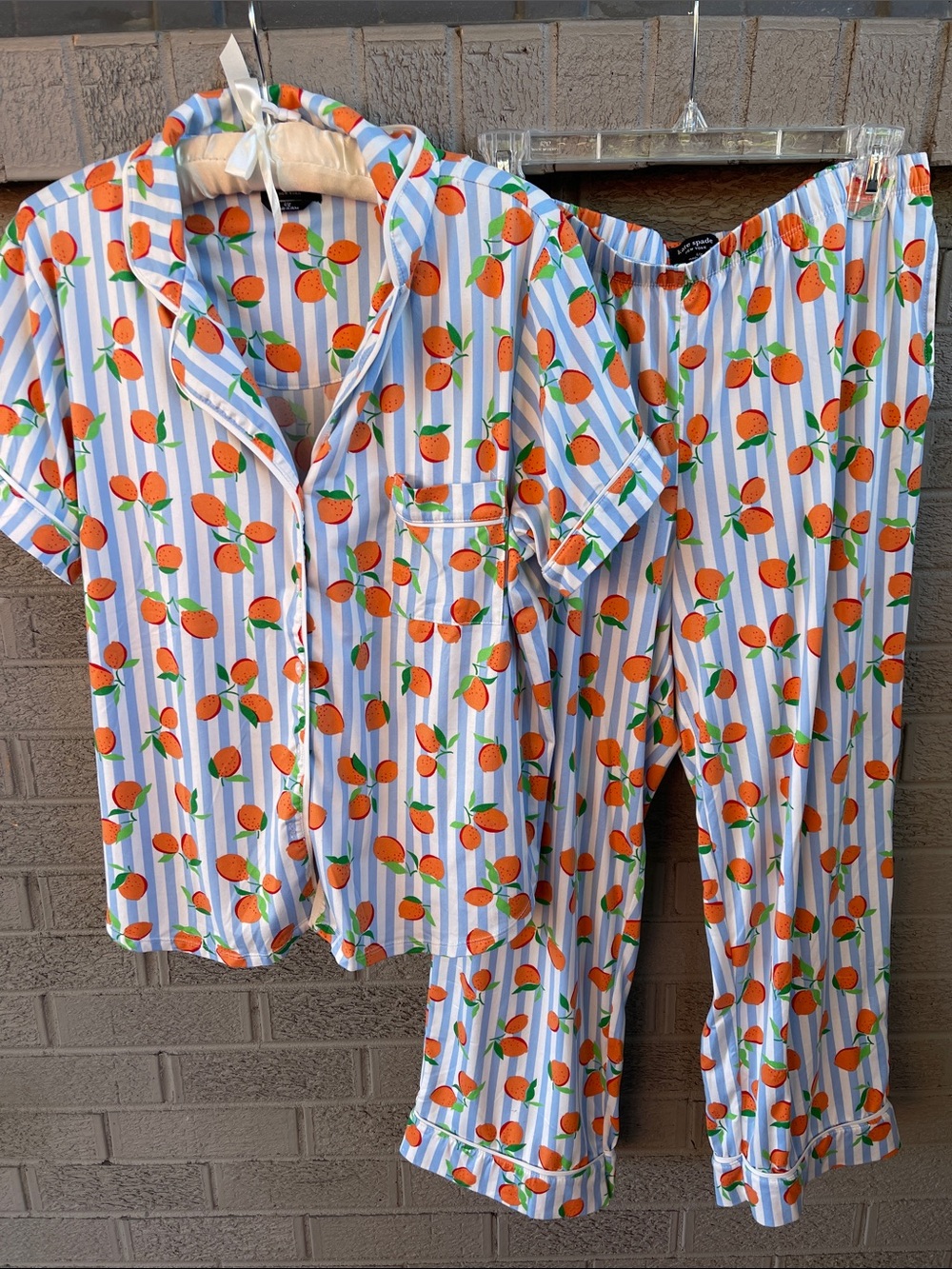 Kate Spade Orange Print Blue and White Striped Pajama Set- size Large